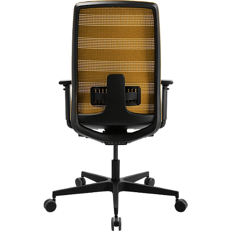 Vue d'une chaise de bureau noire, le dos avec un tissu en maille jaune. La chaise repose sur des roulettes.