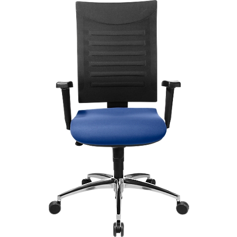 Chaise de bureau avec assise bleue, dossier noir et accoudoirs, cadre argenté.
