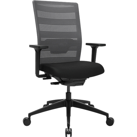 Chaise de bureau pivotante avec dossier en filet gris, assise rembourrée noire et piètement étoile noir sur roulettes.