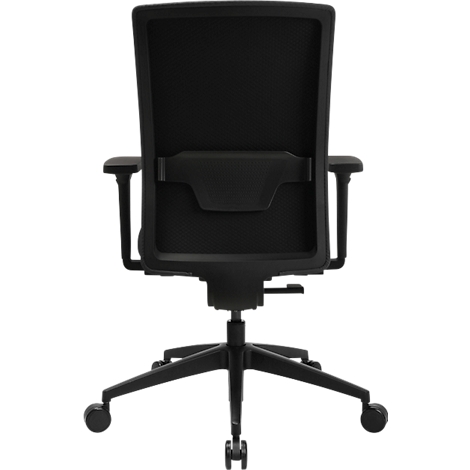 Chaise de bureau noire, vue arrière. Dossier en maille, accoudoirs, base à cinq branches avec roulettes.