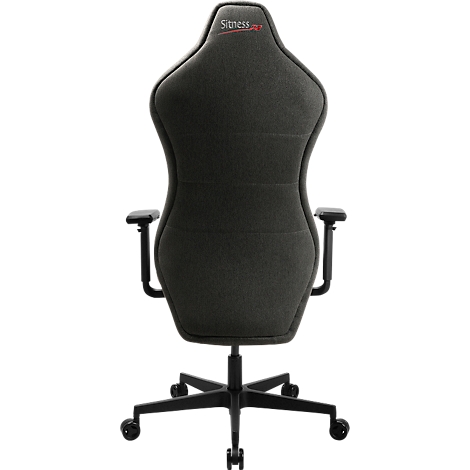 Dossier d'une chaise de bureau noire avec zones rembourrées, accoudoirs et roulettes. 'Sitness' en rouge est sur l'appuie-tête.