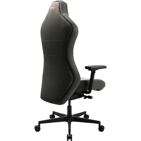 Chaise de bureau grise avec dossier haut, accoudoirs noirs et roulettes. Le nom de la marque est sur l'appuie-tête.