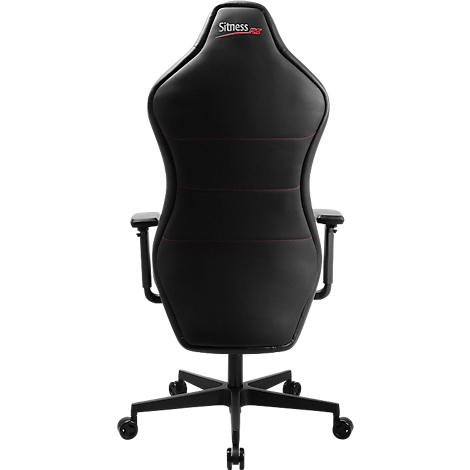 Chaise de jeu noire, vue arrière. Avec coutures rouges et lettrage "Sitness Pro". Accoudoirs, roulettes et piètement en plastique noir.