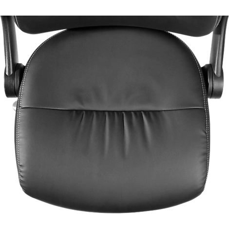 Vue de dessus d'une chaise de bureau noire, la zone d'assise est en cuir.