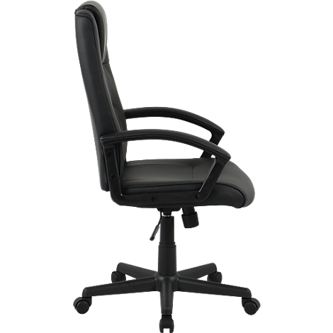 Chaise de bureau noire avec dossier haut et roulettes, vue latérale sur fond blanc.
