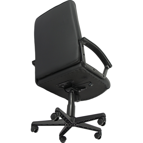 Chaise de bureau noire avec accoudoirs, piètement en étoile et roulettes, vue de dos.
