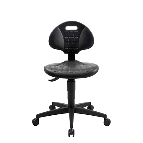 Tabouret pivotant industriel noir avec assise texturée, dossier et repose-pieds sur un piètement cinq branches.