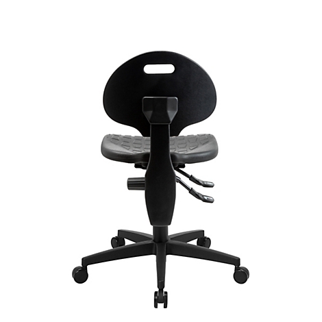 Tabouret de travail industriel noir avec repose-pieds et assise ergonomique sur fond blanc.