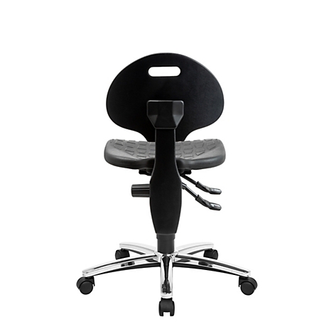 Chaise de travail noire avec piétement en métal et roulettes, vue arrière sur fond blanc.