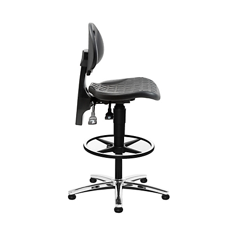 Chaise de laboratoire noire avec dossier, repose-pieds et base à cinq branches sur fond blanc.