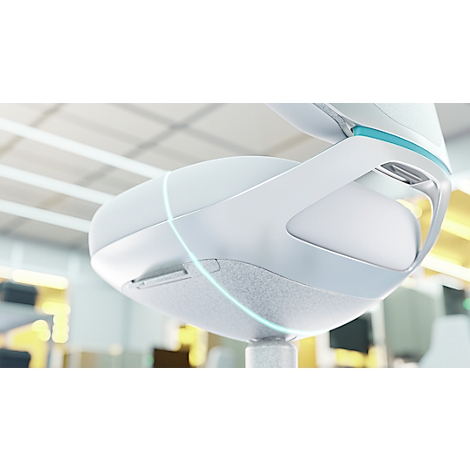 Gros plan sur un produit blanc et futuriste avec des accents bleus et argentés. Un objet de design.