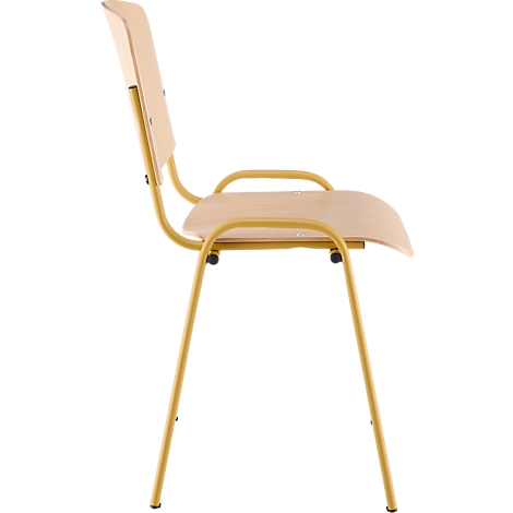 Vue latérale d'une chaise. Assise et dossier en bois. Structure métallique jaune.