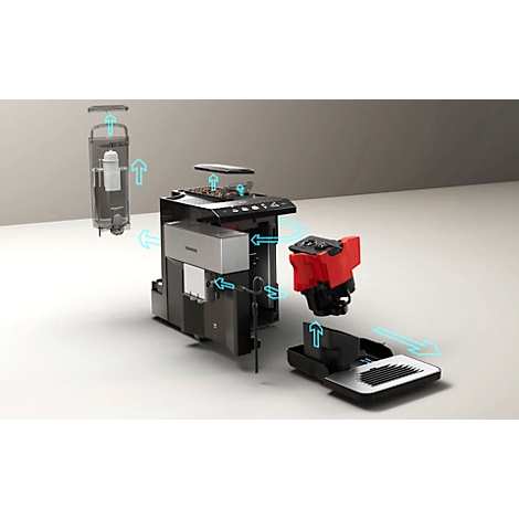 Explosionszeichnung einer Kaffeemaschine mit blauen Pfeilen, die die Einzelteile zeigen.