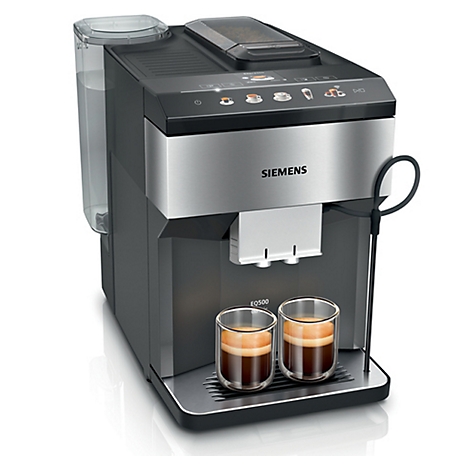 Kaffeemaschine mit zwei Gläsern Espresso. Sie ist schwarz und silber, mit der Aufschrift "SIEMENS".