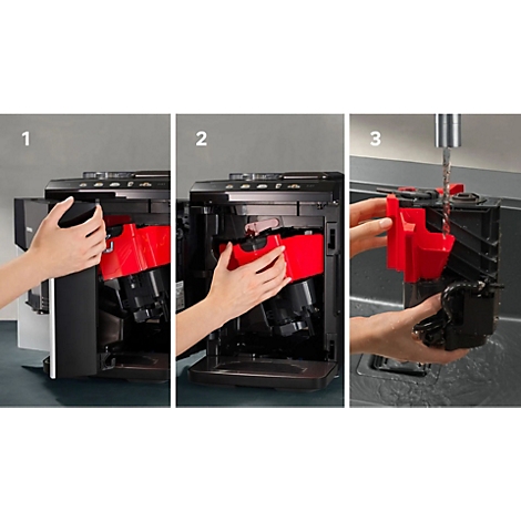 Schoonmaken van een koffiemachine: Stap 1: de zetgroep houder verwijderen. Stap 2: verwijderen. Stap 3: reinigen onder stromend water.