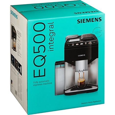 Siemens EQ500 integral espressomachine. De machine is afgebeeld in een turquoise doos. De naam van het product en het merk staan op de doos.