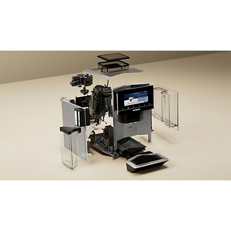 Vue éclatée d'une machine à café : pièces, écran, réservoir d'eau, bac de récupération, fond marron clair.