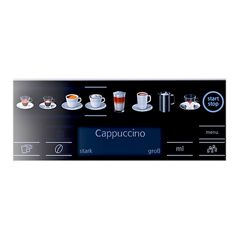 Bedieningspaneel van een koffiemachine met cappuccino-optie en verschillende koffiespecialiteiten.