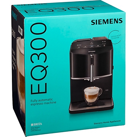 Zwarte Siemens EQ300 volautomatische espressomachine, afgebeeld op de doos. Een kopje cappuccino beneden.