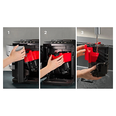 Drie afbeeldingen tonen het schoonmaken van een koffiemachine: het verwijderen, leegmaken en spoelen van de rode zetgroep.