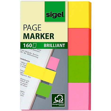 Cardboard with colorful sticky notes. Yellow, pink and green markers are applied to the book.