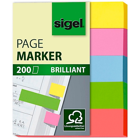 Blocks of colorful sticky notes, with the imprint of "sigel PAGE MARKER 200 BRILLIANT". Below are yellow, green and pink sticky notes on a document.