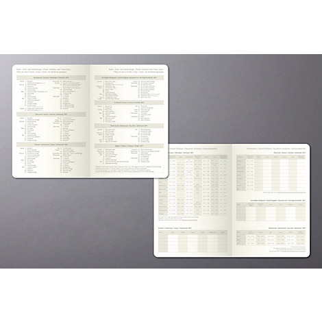 Plusieurs carnets ouverts avec des tableaux et du texte sur fond beige. Disposés sur fond gris.