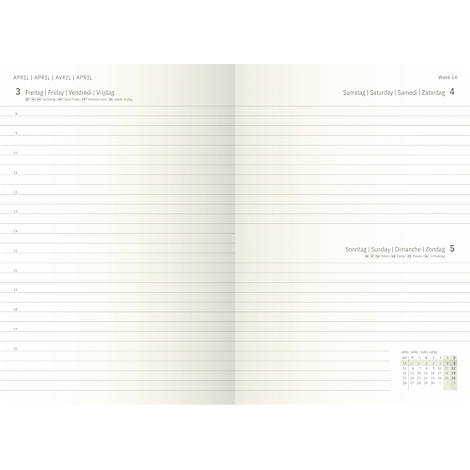 Page de calendrier ouverte, lignes grises sur papier crème. 3 et 4 avril, avec calendrier.