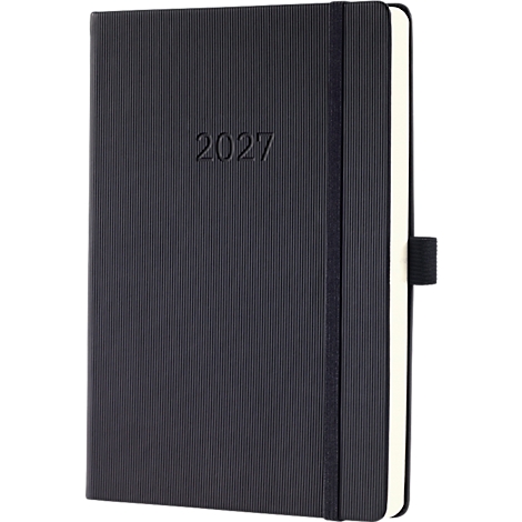 Cahier bleu foncé avec l'année 2027 en relief. Texture côtelée verticale, avec signet et élastique.
