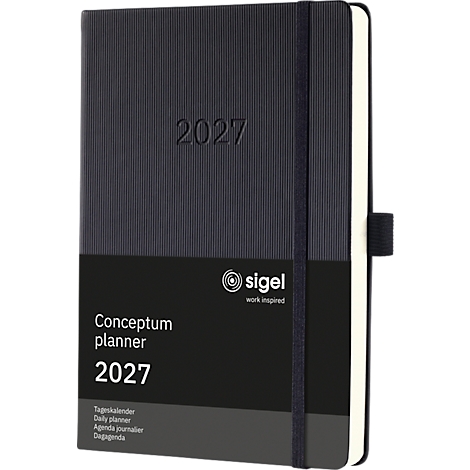 Agenda bleu foncé avec l'année 2027 sur la couverture. Inscription : Conceptum planner 2027, logo Sigel. Avec élastique.