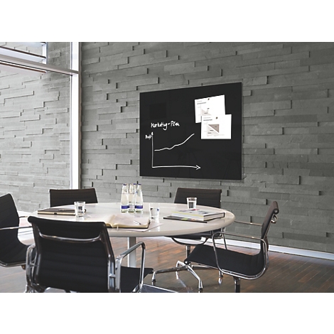 Conferentieruimte met schoolbord, diagrammen en tafel waarop waterflessen staan.