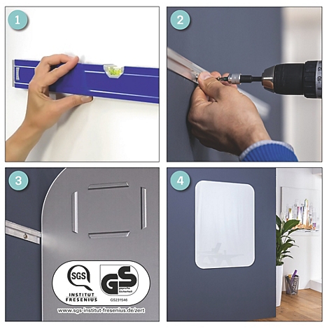 Installatiegids: waterpas, schroeven, boormachine, montagerail en eindproduct.