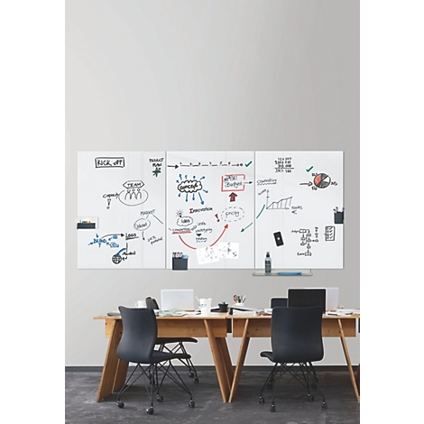 Drie whiteboards met aantekeningen aan een houten muur, met bureaus en stoelen eronder.