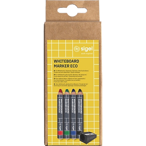 Vier kleurpotloden met de tekst Whiteboard Marker Eco in zwart, blauw, groen en rood. Naast elk potlood een gekleurde streep en het Sigel-logo.
