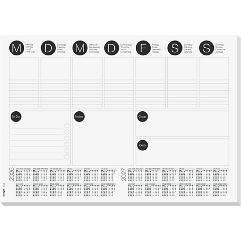 Zwart-witte weekplanner. Duidelijke indeling voor weekdagen, to-do list, notities, doelen en ideeën. Met kalenders voor 2026 en 2027.