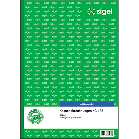 Blue cash accounting book KG 425 on a green background with Sigel logo. Guarantee seal at the bottom left.