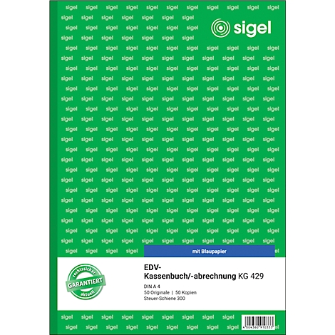 Green Sigel cash book with white text. Label: EDV-Kassenbuch/Abrechnung, KG 429, DIN A5, 50 originals, 50 copies.