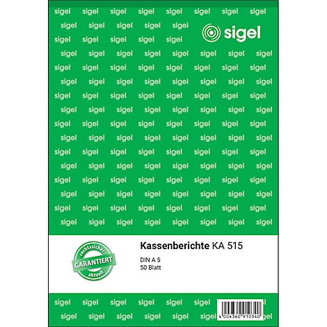 Green notebook with the word "sigel". Below is written "Kassenberichte KA 515" and "guaranteed".