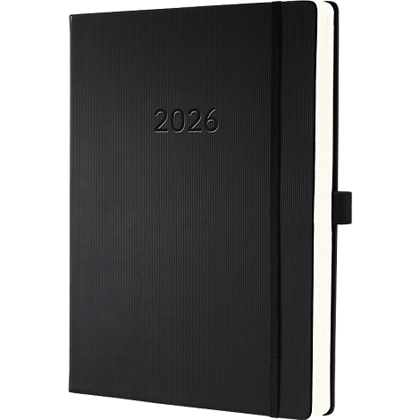 Zwart notitieboek met geribbelde oppervlakte, 2026 in reliëf, zwarte elastische band en witte pagina's.