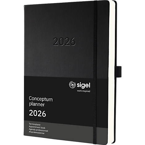 Zwarte agenda 2026 met een geribbelde oppervlakte en elastische band. Voorkant: "2026", "Conceptum planner", Sigel logo.