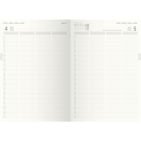 Open dubbele pagina van een planner met lijnen voor notities, gedateerd 4 en 5 april. Met een maandelijks overzicht.