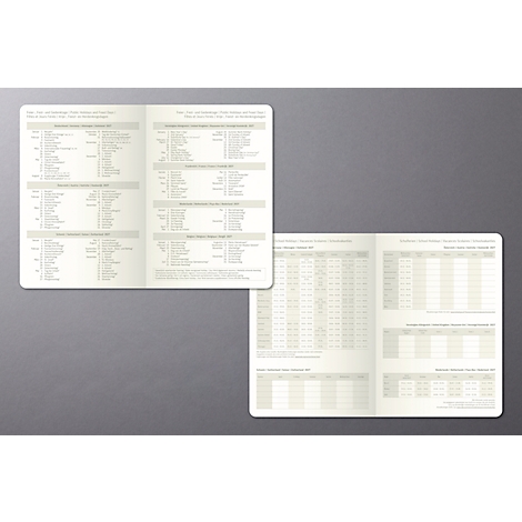 Brochures ouvertes avec des tableaux et du texte sur fond beige, sur fond gris.