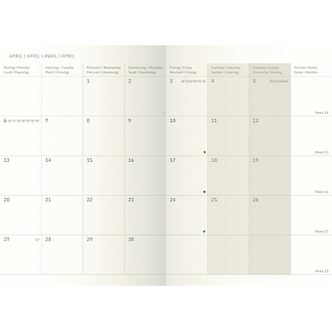 Un calendrier ouvert affiche la page d'avril. Des cases gris clair avec des numéros de date et des aperçus hebdomadaires.