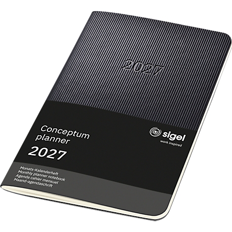 Vue de dessus en biais d'un agenda Conceptum noir pour 2027. La couverture indique "2027", "Conceptum planner 2027".