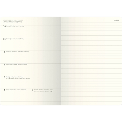 Open spread van een crèmekleurige weekplanner, links weekoverzicht, rechts gelinieerde pagina's.
