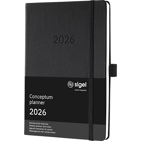 Zwarte Conceptum planner voor 2026. Verticale ribbels op de kaft, elastische sluiting en merknaam.