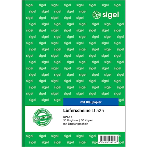 Green block with white lettering "sigel". Below it is written "Lieferscheine LI 525".