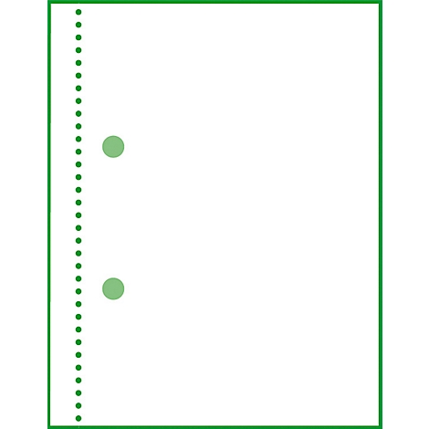 White paper with green border and perforation on the left. Two green circles.