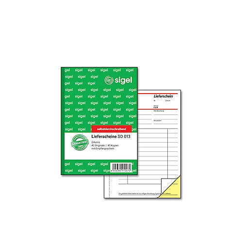 A green Sigel package and a delivery note on a white background. Both labeled with black text.