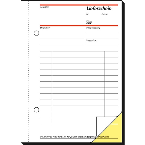 A white delivery note form with red text. The word 'Lieferschein' is at the top. Yellow corner.
